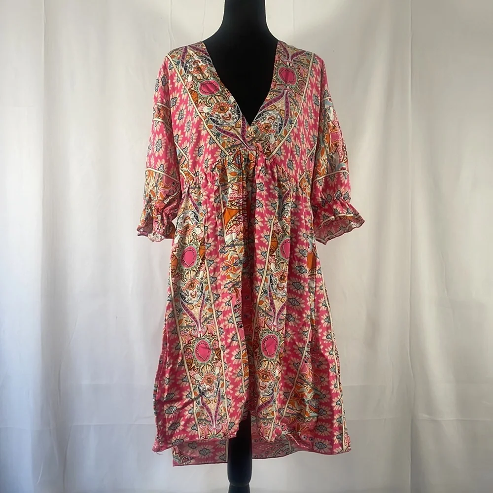 Pink multi colored hanker chief dress,V neck,tie in back,floral print,mid sleeve - Picture 12 of 12